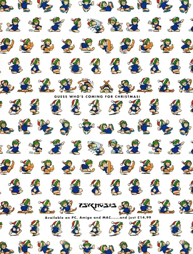 Advertisement for Holiday Lemmings 1993 on PC, Amiga and Mac.
Taken from CVG 146 - January 1994 (UK), showing well over 100 Lemmings, wearing Santa hats and doing various snow related activities from skating, sledding and throwing snowballs.