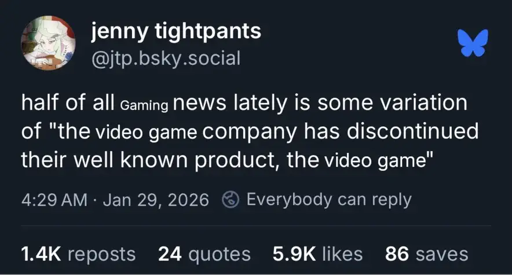 An edited Bluesky post reading 'half of all gaming news lately is some variation of "the video game company has discontinued their well known product, the video game"'