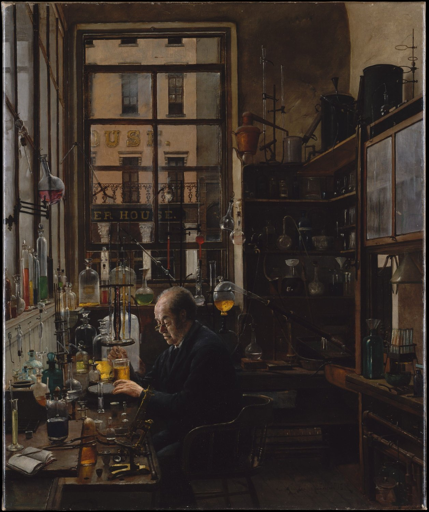 Henry Alexander's oil painting In the Laboratory depicts a focused chemist examining his work in a laboratory filled with intricate glassware and scientific instruments. Soft light enters through the windows, illuminating the detailed equipment and creating an atmosphere of quiet concentration.