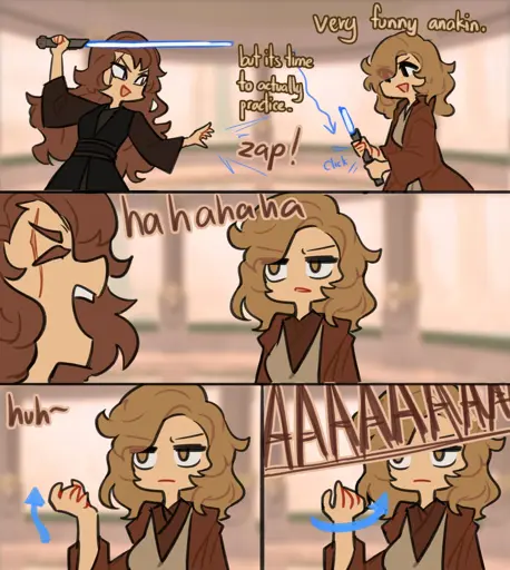 Panel 1: Anakin force-disables Obi-wan's lightsaber and Obi-wan says, "Very funny Anakin, but it’s time to actually practice." \ Panel 2: Anakin bursts out laughing. Obi-wan is unimpressed. \ Panel 3: Oki-wan makes a cupping motion with his hand and raises it while using the force. \ Panel 4: Obi-wan twists and Anakin screams in pain.