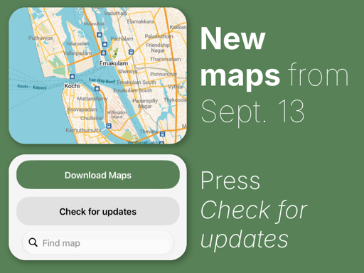 a map screenshot showing Kochi along the download maps/check for updates dialog
