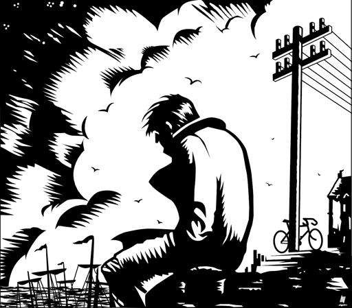 A hunched man in a coat, sitting on a sea bank, with a multitude of ship masts with rolled-up sails visible before him. Behind is a bicycle leaned on an electric post.