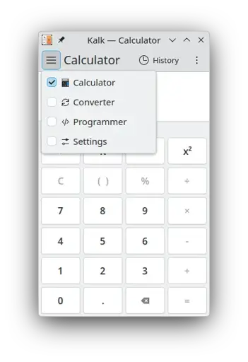 Screenshot of Kalk with the new menu