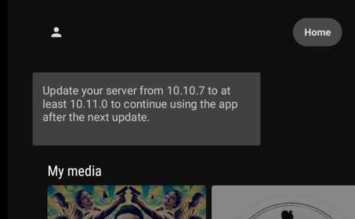 A screenshot of the Android TV Jellyfin app showing a message that indicates a Jellyfin upgrade is needed to keep using it