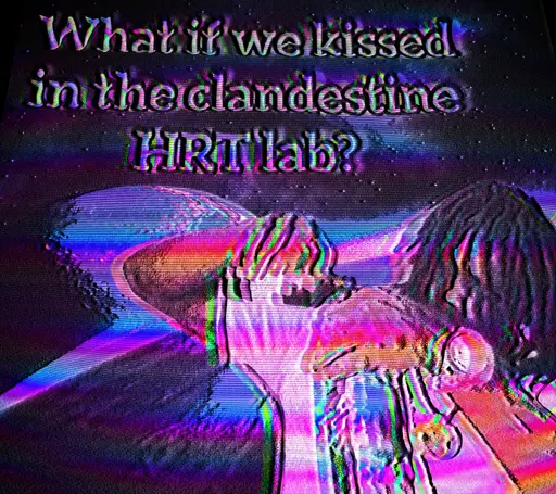 A VHS style distorted image. Rapper Chief Kief prepares himself a beverage infront of planets and stars. A warped text above reads: "What if we kissed in the clandestine HRT lab?"