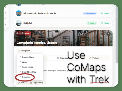 a trek screenshot showing the "navigate in CoMaps' dialog