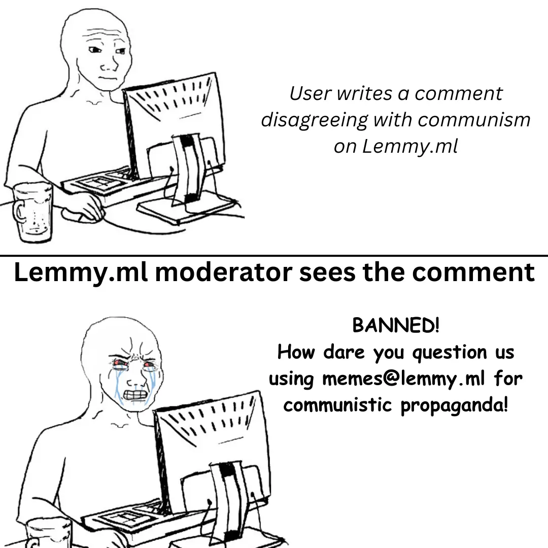 Top panel shows a Wojack character calmly typing on a computer with the text "User writes a comment disagreeing with communism on Lemmy.ml." Bottom panel shows a Crying Wojack character with an angry expression, furiously typing on a computer, with tears streaming down his face. The text above him reads "Lemmy.ml moderator sees the comment," and a speech bubble says "BANNED! How dare you question us using memes@lemmy.ml for communistic propaganda!"