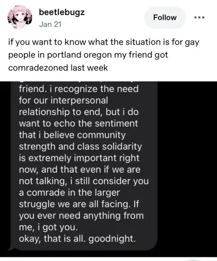 beetlebugz on twitter writes "if you want to know what the situation is for gay people in portland oregon my friend got comradezoned last week" followed by a screenshot of this message "friend. i recognize the need for our interpersonal relationship to end, but i do want to echo the sentiment that i believe community strength and class solidarity is extremely important right now, and that even if we are not talking, i still consider you a comrade in the larger stuggle we are all facing. if you ever need anything from me, i got you. okay, that is all. goodnight."