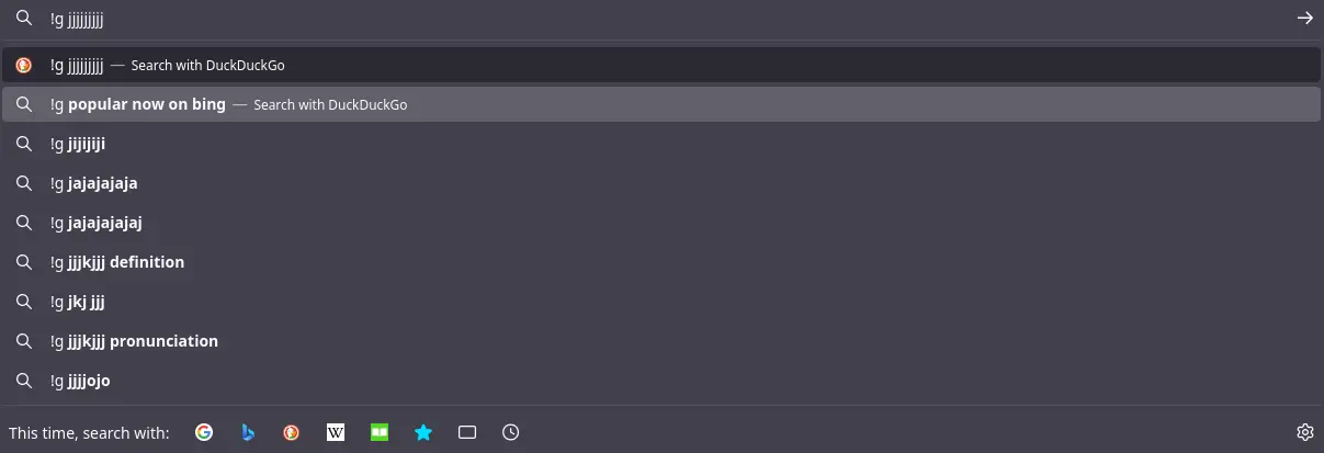 Picture of a search bar with the query "!g" followed by a series of "j"s. One of the suggestions is "popular now on bing."