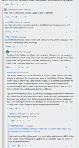 A screenshot of people saying Taylor Swift is by definition not a good person, more or less unanimously