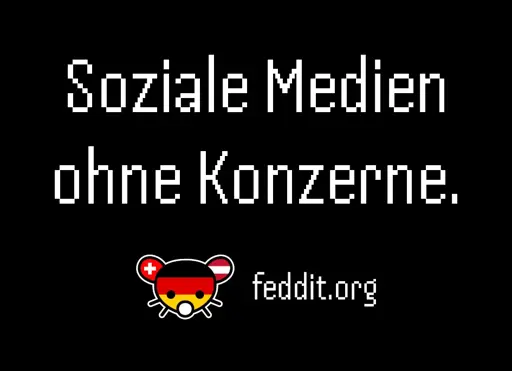 Ein Text "Soziale Medien ohne Konzerne", darunter das feddit-punkt-org-logo und der schriftzug feddit-punkt-org. Auf schwarzen Hintergrund.