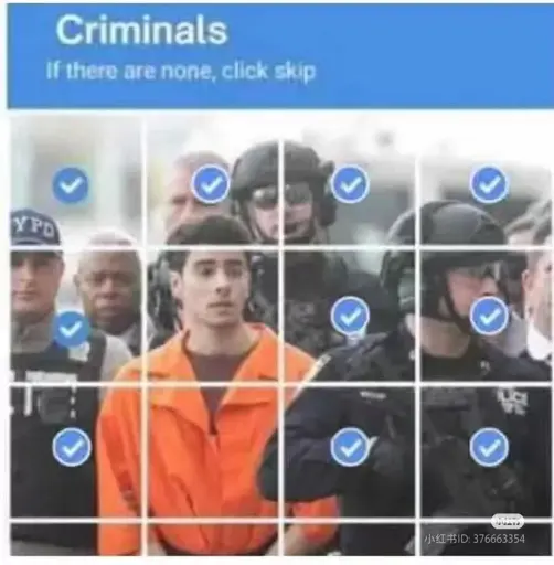 Catcha with text "Criminals: If there are none, cick 'skip'". Pictured is Luigi Mangione surround by cops. Luigi is the only one who isn't marked as a criminal.