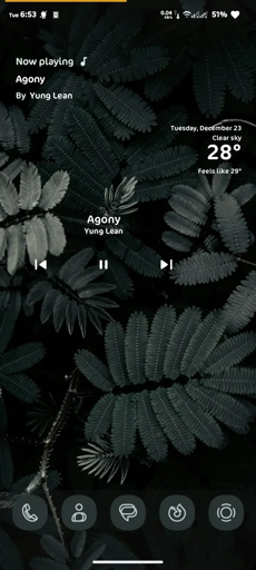 The image displays a mobile phone's lock screen featuring a dark, natural leaf wallpaper. 
Now Playing: The song "Agony" by Yung Lean is currently playing.