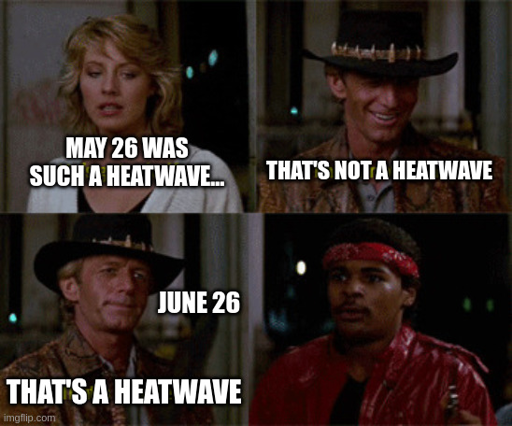 The "That's a knife scene" from Crocodile Dundee. The woman says "May 26 was such a heatwave...". Dundee answers "That's not a heatwave. That's a heatwave." while his knife shows "June 26"