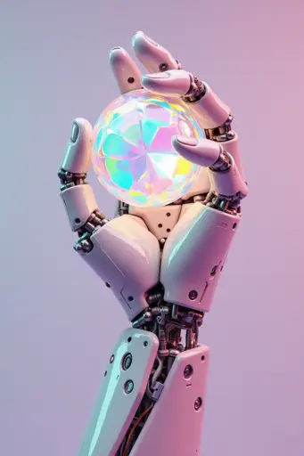 A close-up of a robotic hand holding an iridescent sphere between its articulated fingers. The mechanical hand features white metallic surfaces with visible joints, screws, and other details, including dark bronze or copper-colored mechanical components. The sphere displays rainbow-like refractive qualities with cyan, pink, yellow, and purple hues shifting across its surface. 