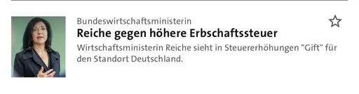 Screenshot einer Tagseschau-Headline:
Reiche gegen Vermögensteuer.
Durch das Vorschaubild und den Übertitel 'Bundeswirtschaftsministerin' wird suggeriert es handelt sich um ein Zitat der Bundeswirtschaftsministerin Katherina Reiche.