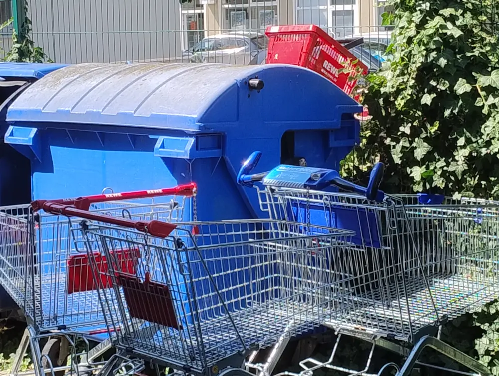 Eine Gruppe Gittertiere steht um eine Mülltonne herum, auf der ein kleines Gittertier hockt, das sich offenbar nicht mehr herunter traut.