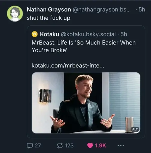 Nathan Grayson quoting a post of a Kotoku article that says: "Mr Beast: 'Life is so much easier when you're broke.'" Nathan adds: "shut the fuck up".