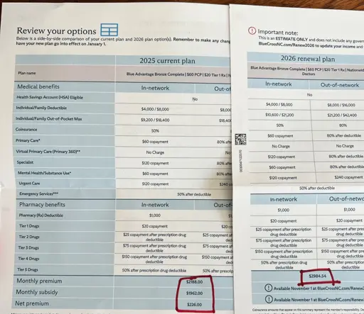 Photo of open enrollment/renewal paperwork showing details from title. 