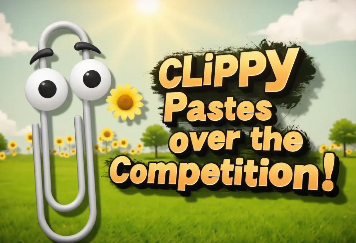 A stylized representation of Clippy, the paperclip assistant from Microsoft Office software, set against a vibrant and idyllic backdrop of a sunny field with blue skies and scattered clouds overhead. In the background, numerous sunflowers are in full bloom, and the foreground prominently displays bold text that reads “CLIPPY Pastes over the Competition!” The text has a dynamic appearance, with some letters seemingly smeared or brushed on with texture.