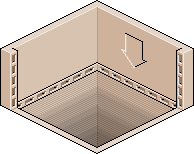 cutout of a floorless, tan coloured isometric room with a debossed arrow pointing down on one of the far walls