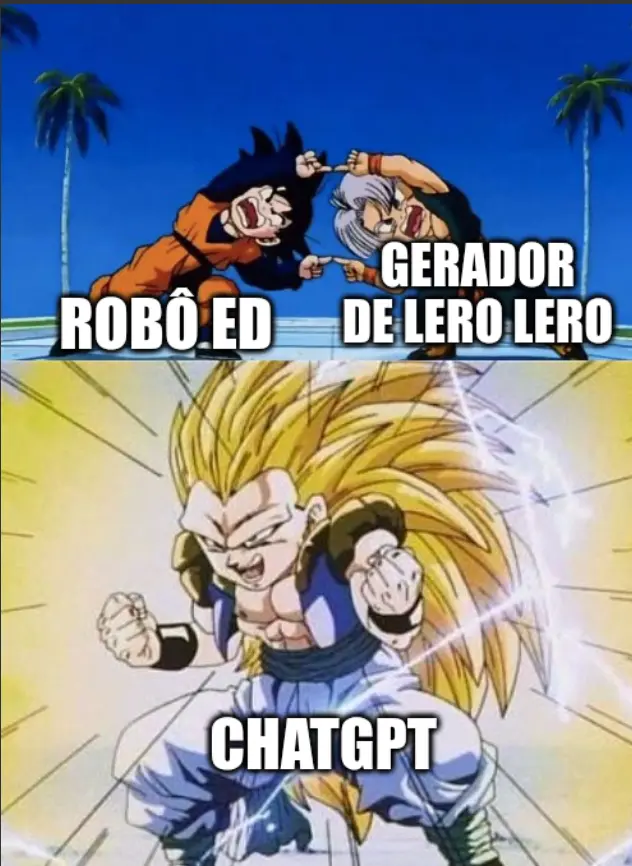 Meme do dbz fazendo a fusão entre robô ed e gerador de lero lero