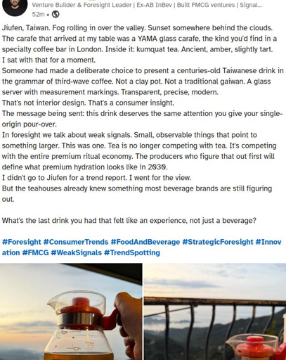 LinkedIn post overhyping a pot of tea calling it "premium hydration".