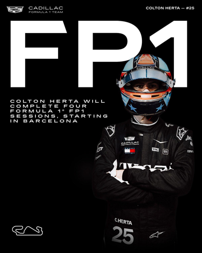 visual showing Colton Herta in his race suit and helmet, with Text reading "FP1 - Colton Herta will complete four Formula 1 FP1 sessions, starting in Barcelona"