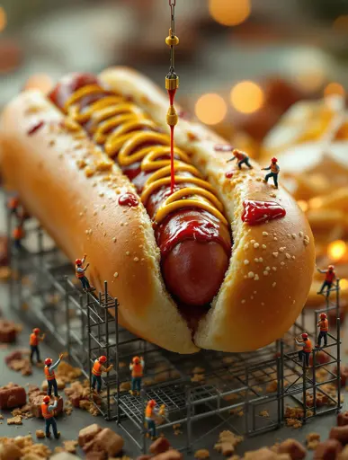 A whimsical scene where a hot dog is being constructed by miniature workers. The hot dog, nestled in a bun sprinkled with sesame seeds, is being meticulously adorned with mustard and ketchup. A crane-like apparatus is delicately drizzling ketchup. Surrounding the hot dog, tiny construction workers in orange vests and hard hats are positioned on scaffolding, working diligently on the culinary creation. 