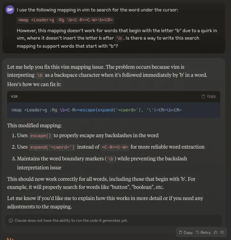 Claude AI gives a concise solution to fix a mapping problem. It correctly suggests using escape and expand functions to work around a vim quirk.