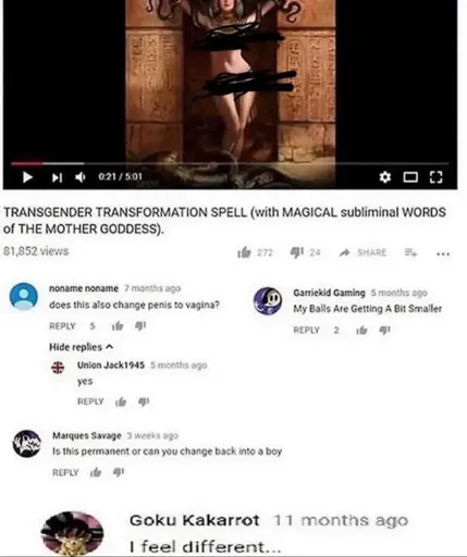 A YouTube video titled "TRANSGENDER TRANSFORMATION SPELL (with MAGICAL subliminal WORDS of THE MOTHER GODDESS). The comments read: "does this also change penis to vagina?", "Is this permanent or can you change back into a boy", "I feel different..." and "My Balls Are Getting A Bit Smaller"