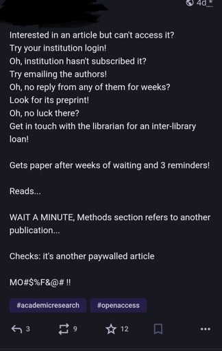 A Mastodon post of someone complaining about the inaccessibility of research papers